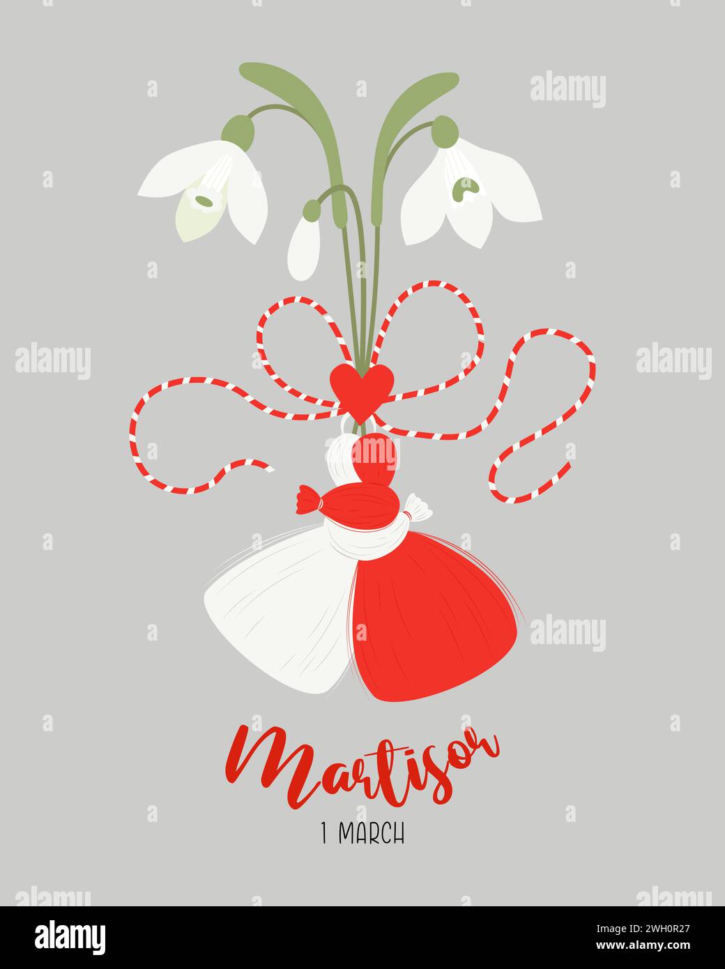 Martisor. Accessoire de vacances traditionnel talisman Martenitsa avec fleurs en forme de goutte de neige. Symbole de début de printemps. 1er mars. Illustration vectorielle carte postale Illustration de Vecteur