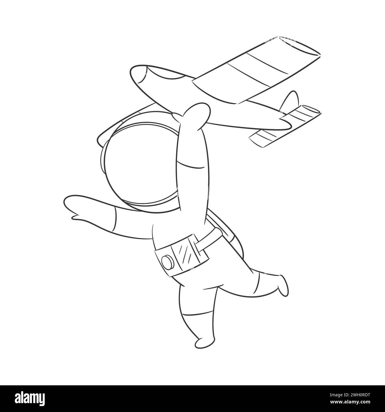Astronaute courant tout en jouant à l'avion jouet pour la coloration Illustration de Vecteur