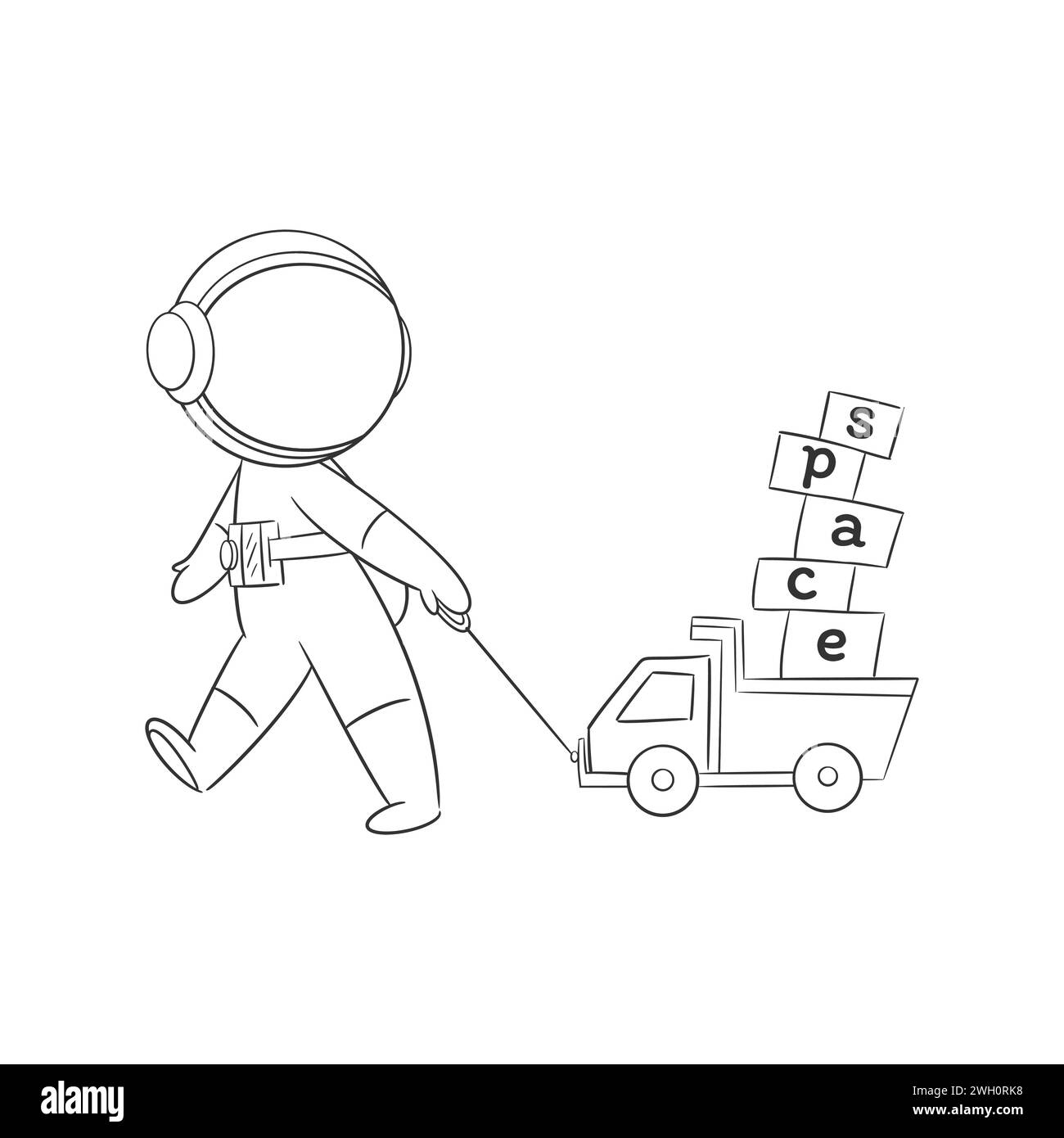 Astronaute marchant tirant une voiture jouet pour la coloration Illustration de Vecteur