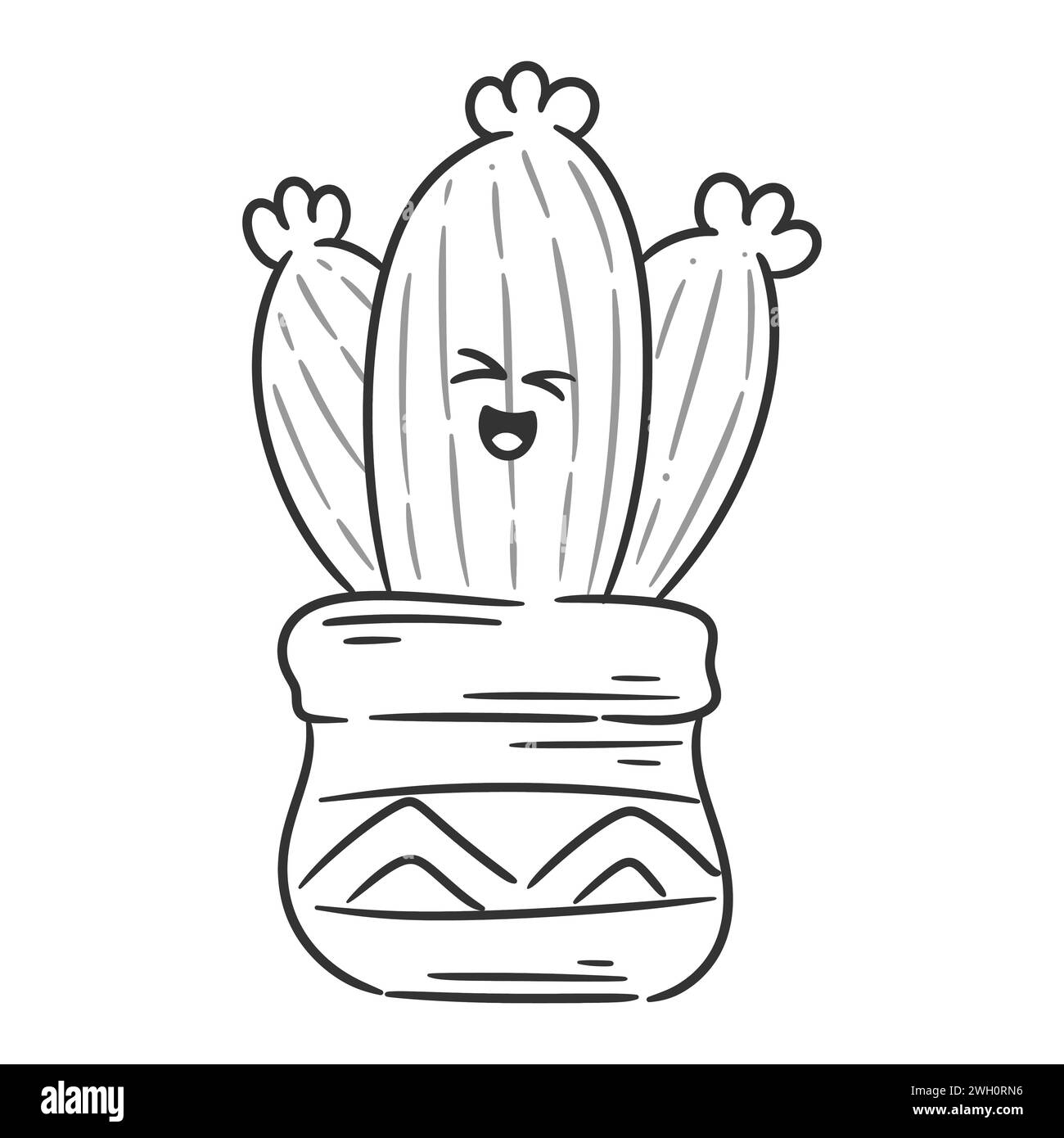 Cactus mignon ayant une expression de visage riant heureux avec pot pour la coloration Illustration de Vecteur