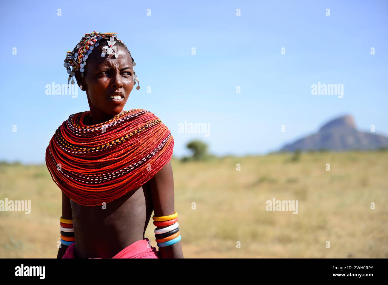 Une jeune femme Samburu portant un collier traditionnel à perles multiples. Route Laisamis-South Horr, Kenya. Banque D'Images