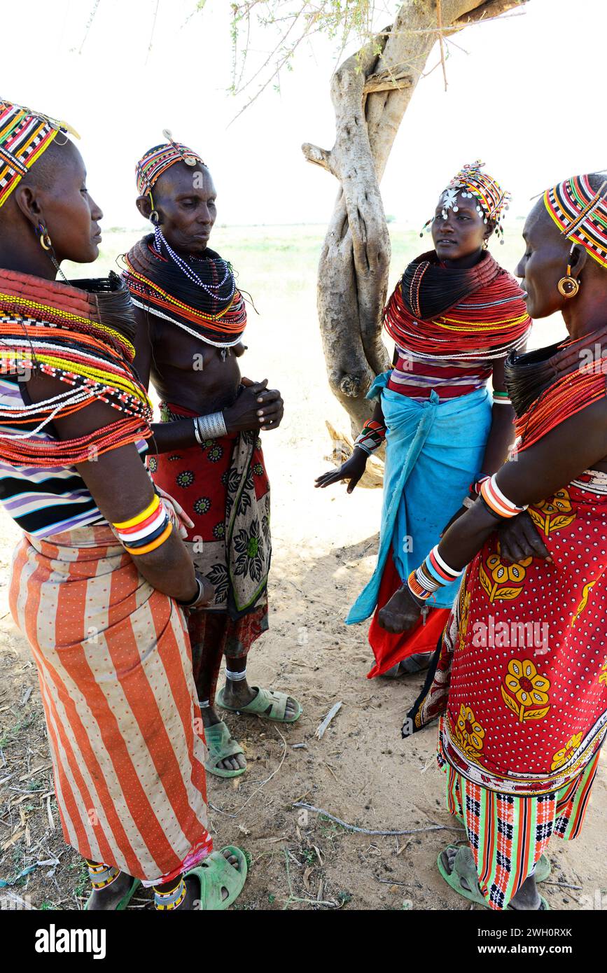 Une femme de Rendille portant un collier traditionnel fabriqué à partir de paquets de cheveux de queue de girafe socialisant près de leur village à Korr, au nord du Kenya. Banque D'Images