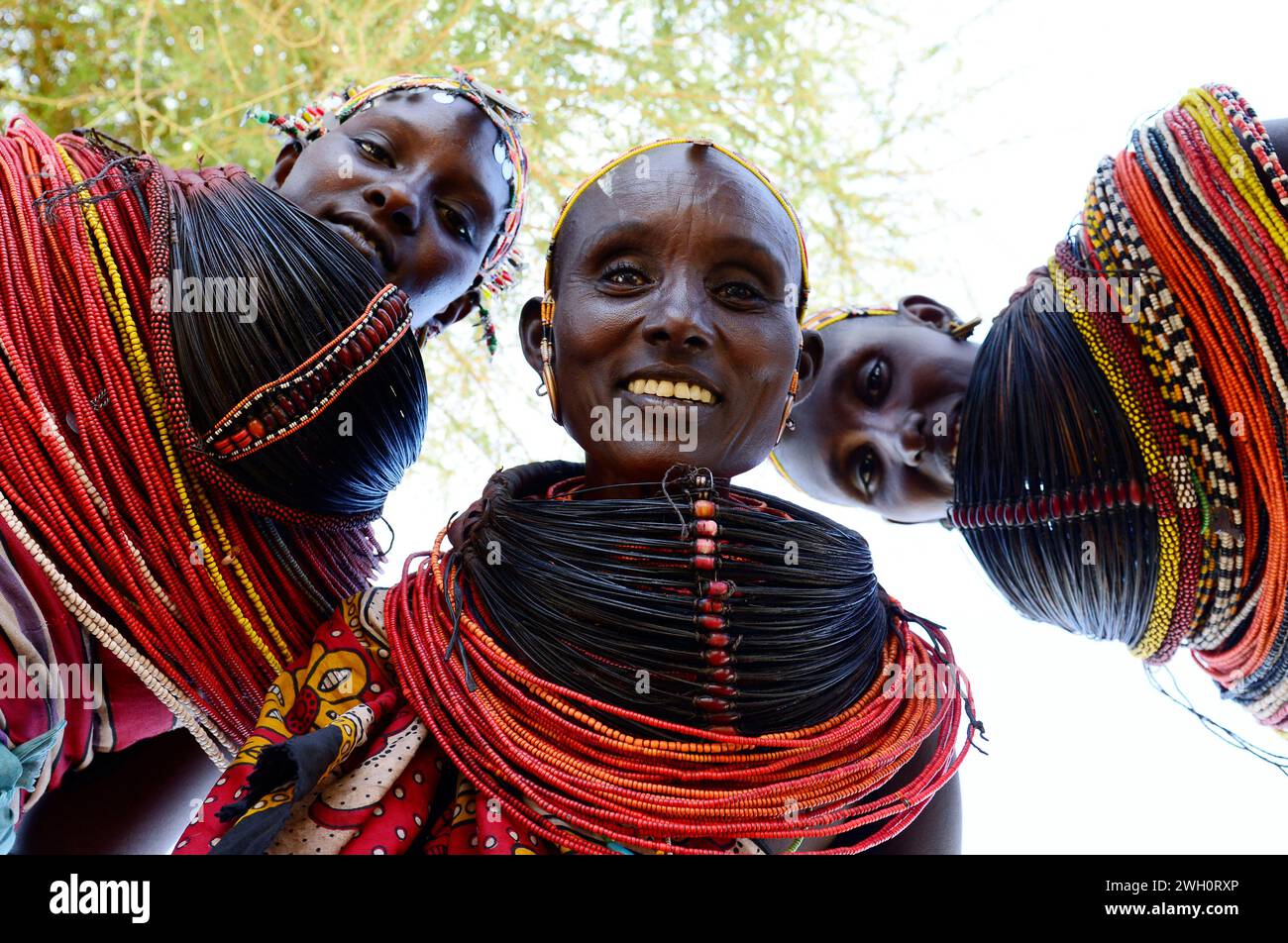 Une femme de Rendille portant un collier traditionnel fait de faisceaux de poils de queue de girafe. Région de Korr dans le nord du Kenya. Banque D'Images