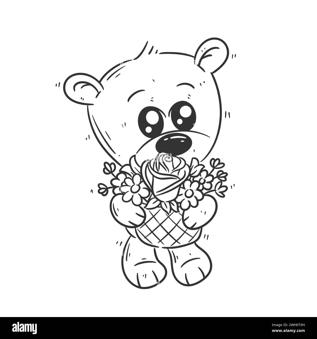 Ours mignon debout portant un bouquet de fleurs vecteur de dessin animé pour la coloration Illustration de Vecteur