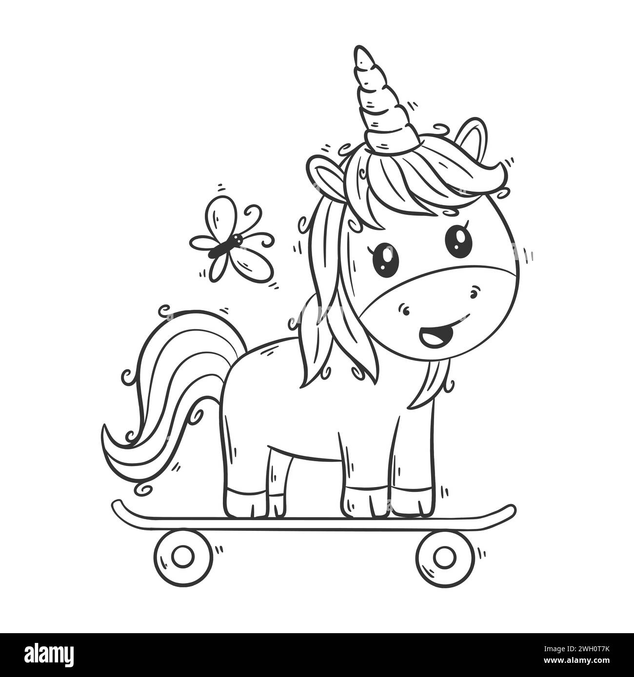Cute Unicorn joue au vecteur de dessin animé de skateboard pour la coloration Illustration de Vecteur