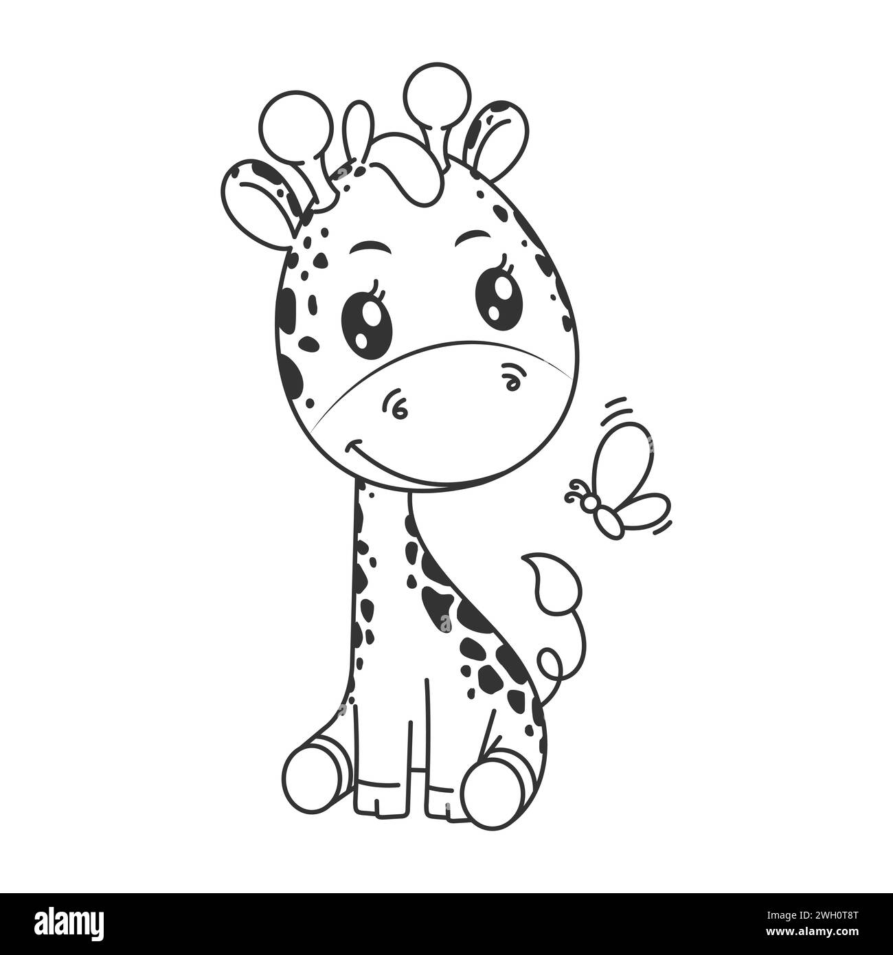 Girafe mignonne assise avec papillon dans un style de dessin animé pour la coloration Illustration de Vecteur