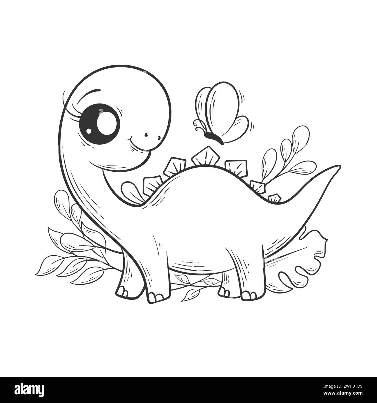 Dinosaure mignon jouant avec le vecteur de dessin animé papillon pour la coloration Illustration de Vecteur