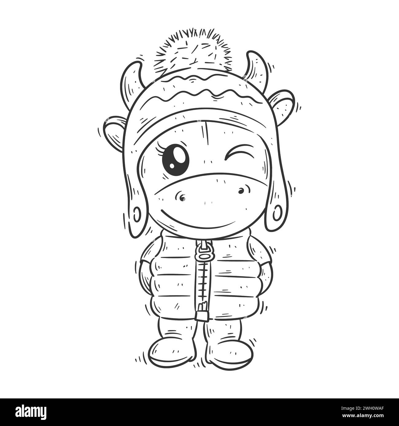 Jolie vache portant des vêtements chauds pour la coloration Illustration de Vecteur