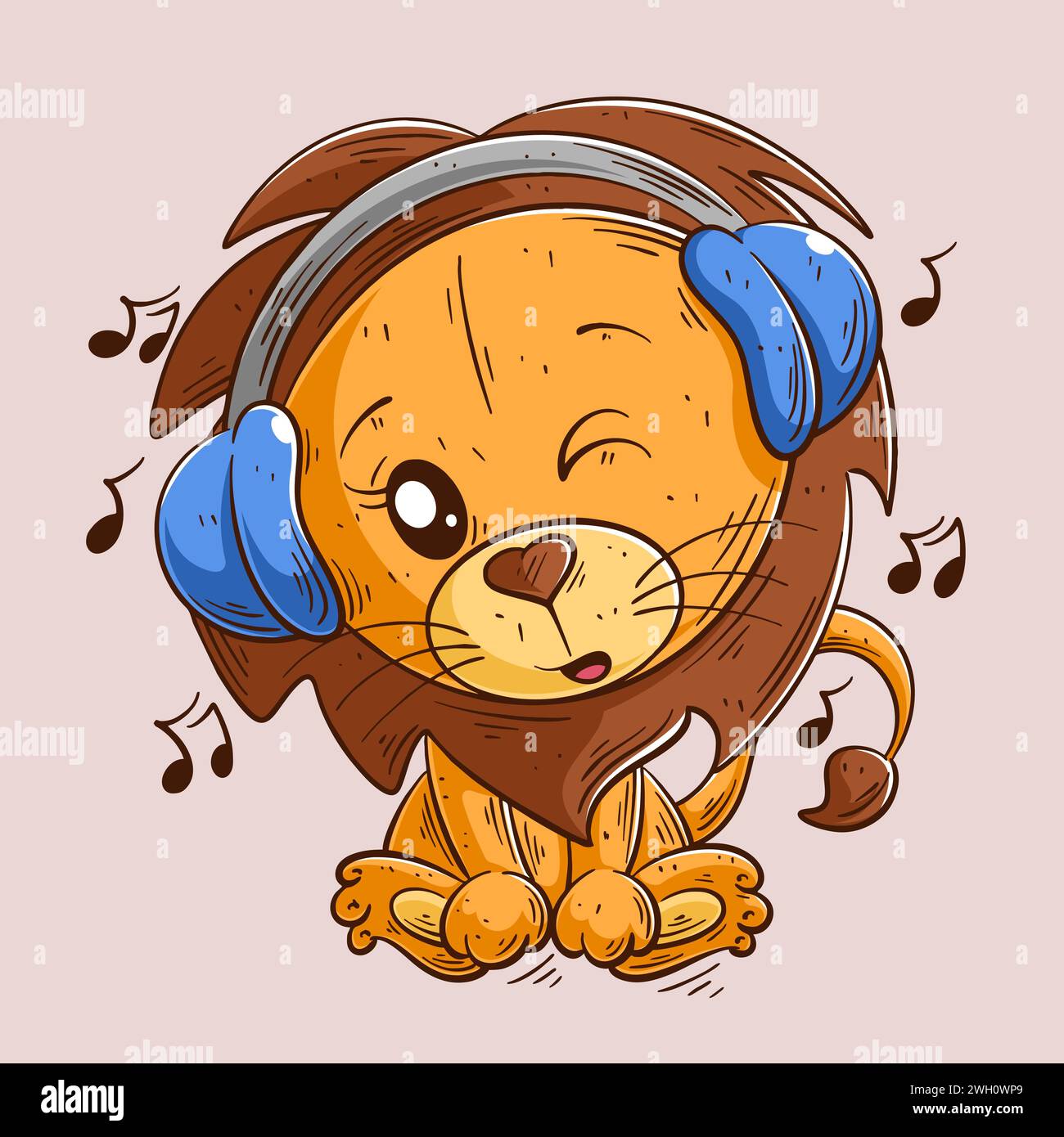 Mignon lion assis et écoutant de la musique Illustration de Vecteur