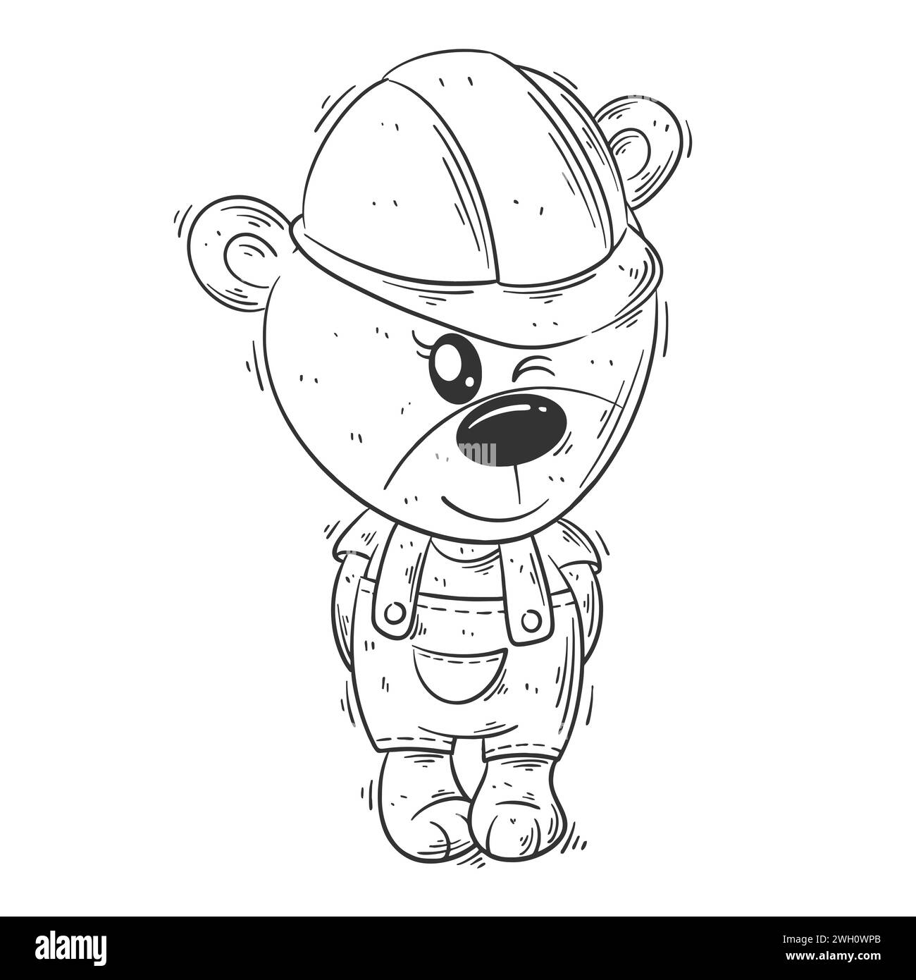 Cute Bear est debout seul et porte des vêtements de travail pour la coloration Illustration de Vecteur
