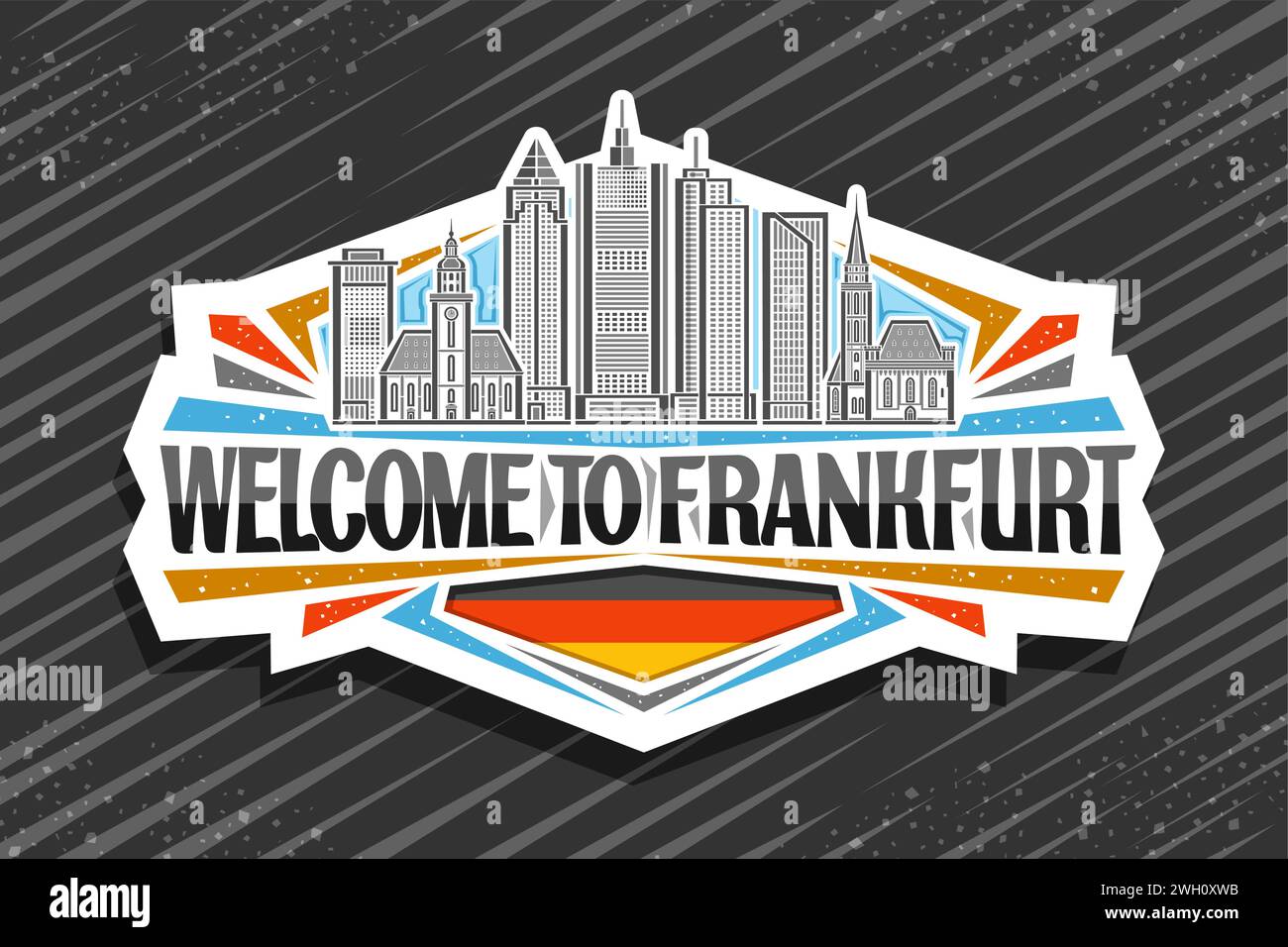 Logo vectoriel pour Francfort, étiquette décorative blanche avec illustration du paysage de la ville européenne de francfort sur fond de ciel de jour, réfrigérateur de conception d'art de ligne Illustration de Vecteur