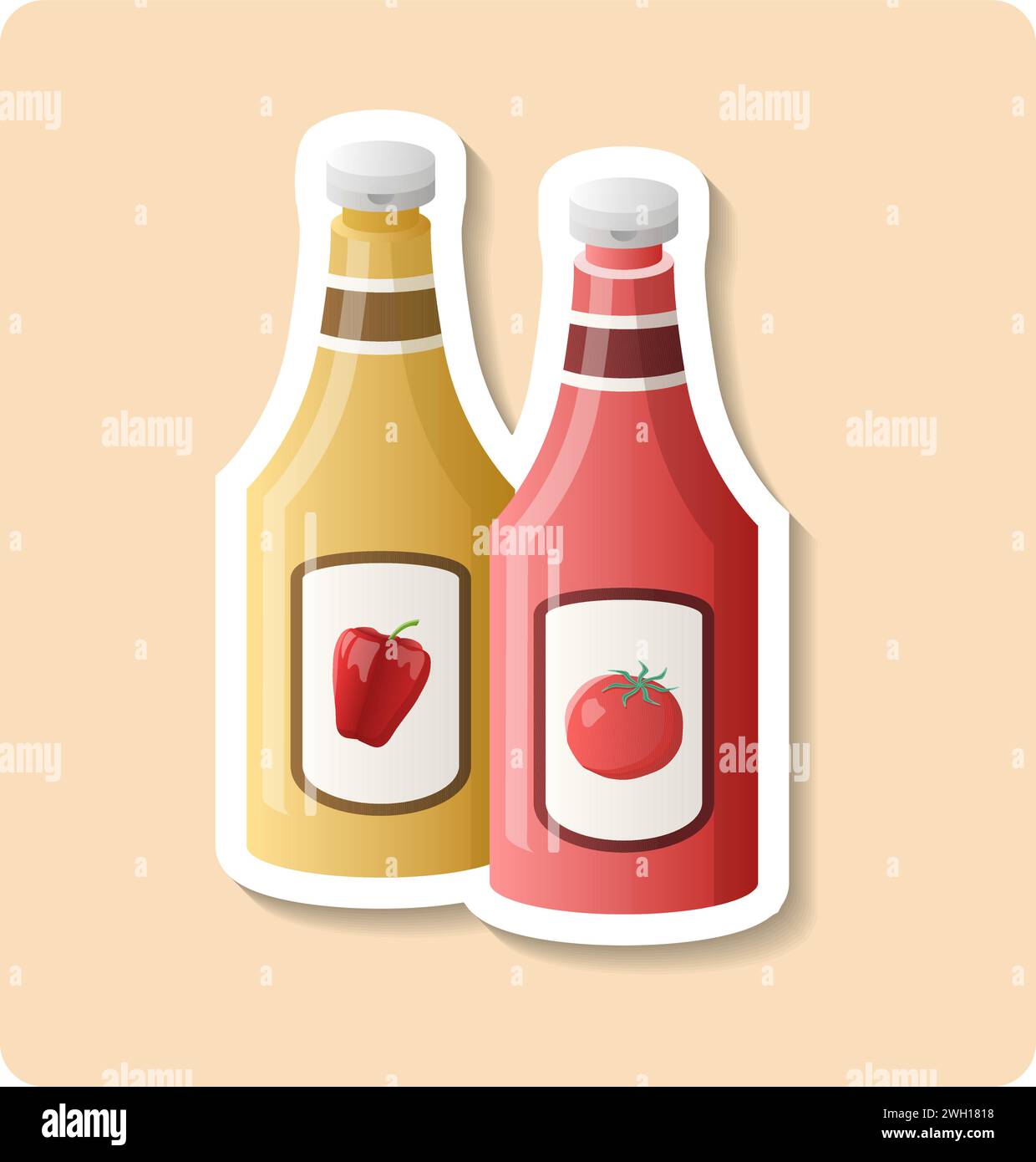 Illustration de l'autocollant de sauce. Bouteille, ketchup, moutarde, couvercle. Conception graphique vectorielle modifiable. Illustration de Vecteur