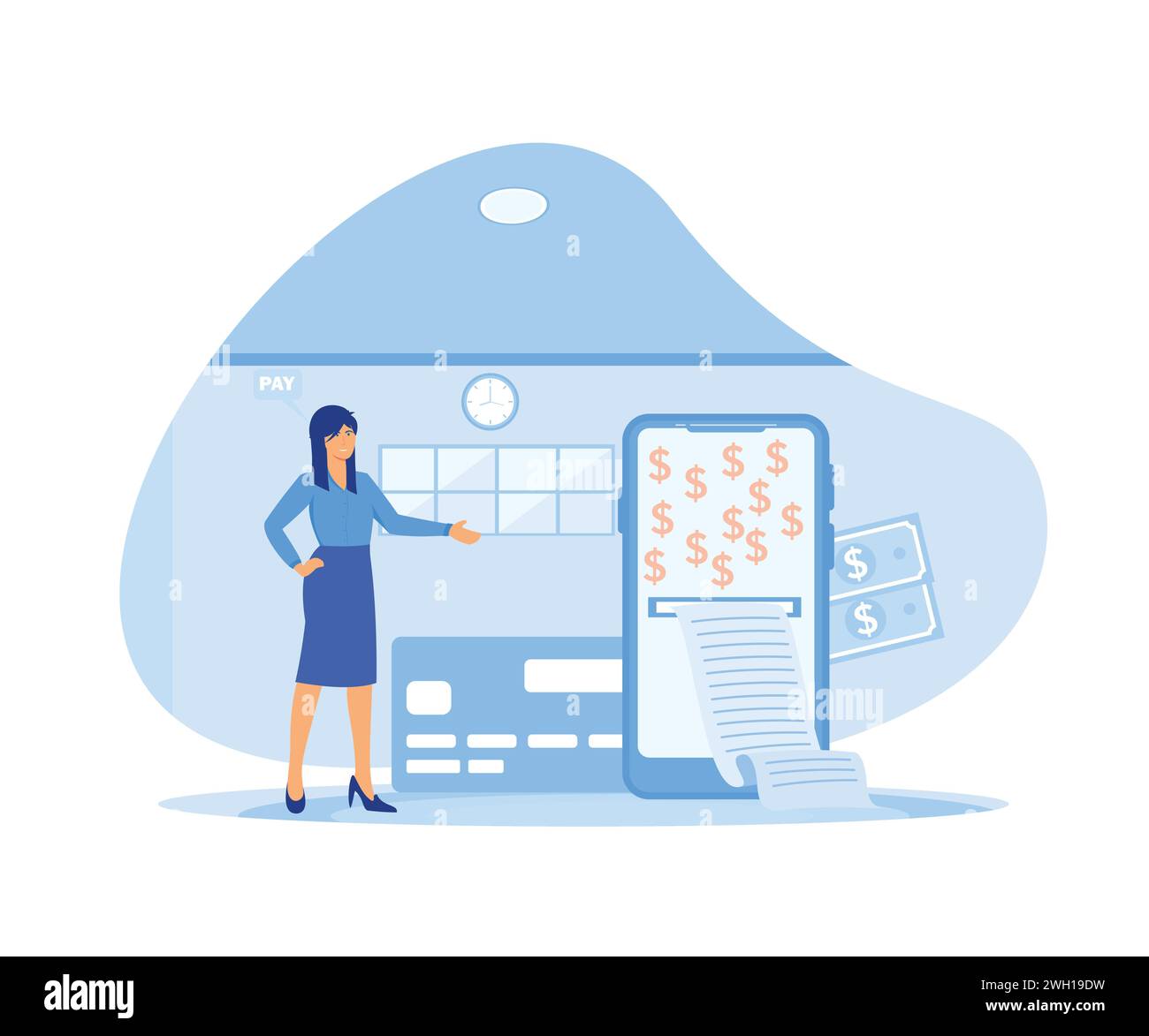 Concept de paiement en ligne. Facturation numérique. femme payant des factures en ligne. illustration moderne vectorielle plate Illustration de Vecteur