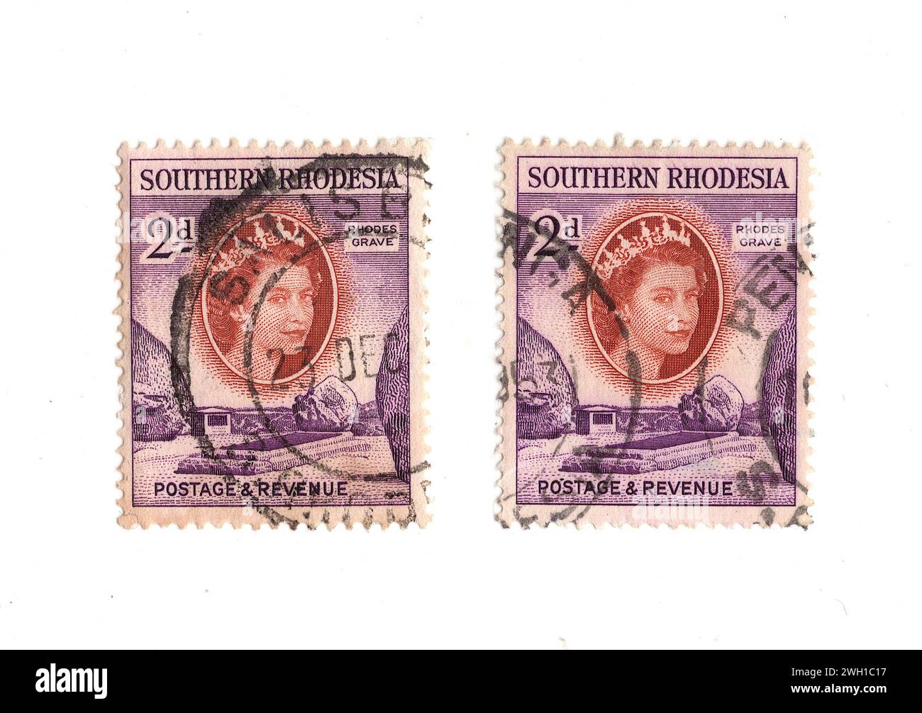 Timbres-poste vintage Reine Elizabeth II de Rhodésie du Sud (Zimbabwe) isolés sur fond blanc. Banque D'Images