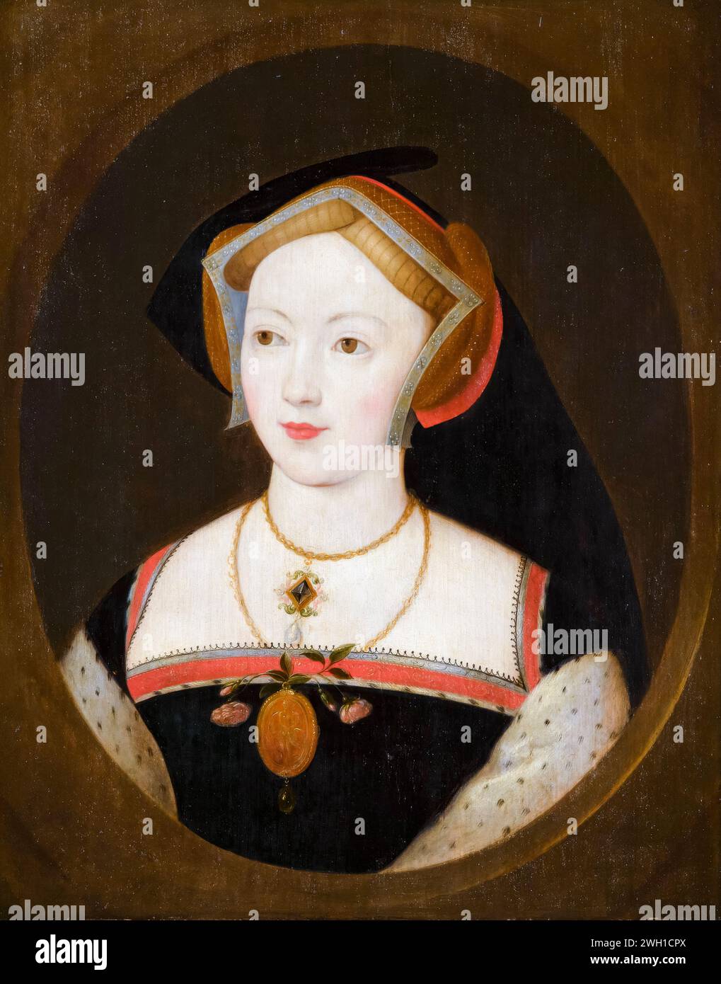 Mary Boleyn (vers 1499-1543), sœur d'Anne, maîtresse du roi Henri VIII, portrait peint à l'huile sur panneau d'après Remigius van Leemput, 1630-1670 Banque D'Images