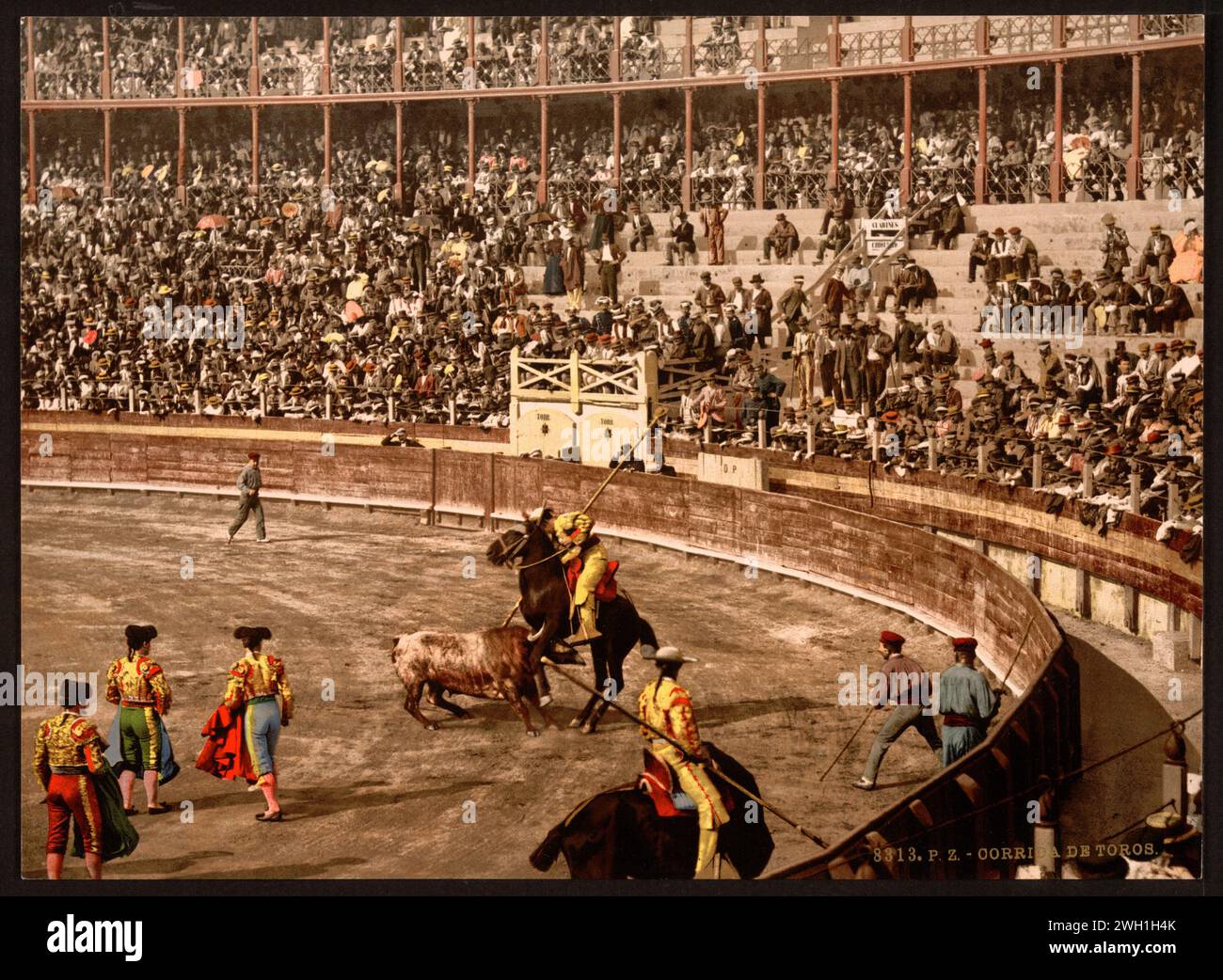Un combat de taureaux, Barcelone, Espagne scène dans l'arène avec une grande foule avec picador haring Bull. Tirages photochrom--couleur--1890-1900. Banque D'Images