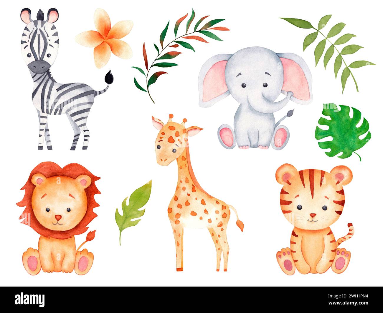 Illustration d'aquarelle d'animaux Safari avec bébé éléphant, lion, zèbre, girafe, tigre et feuillage de jungle tropicale pour pépinière, cartes postales, invitations Banque D'Images