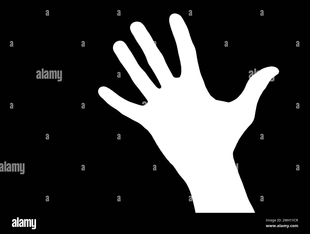 Silhouette d'une main humaine blanche isolée sur fond noir. Ondulations, salutations Banque D'Images
