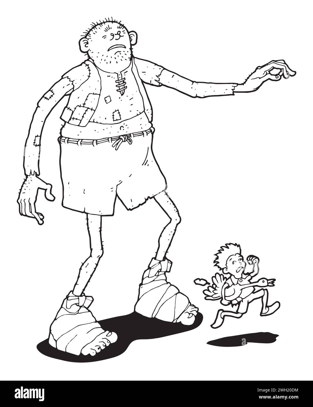 Géant de l'art noir et blanc chassant l'homme avec l'oie, illustration de livre de costume Jack le tueur géant, Jack et le Beanstalk, oie qui pondait l'œuf d'or Banque D'Images