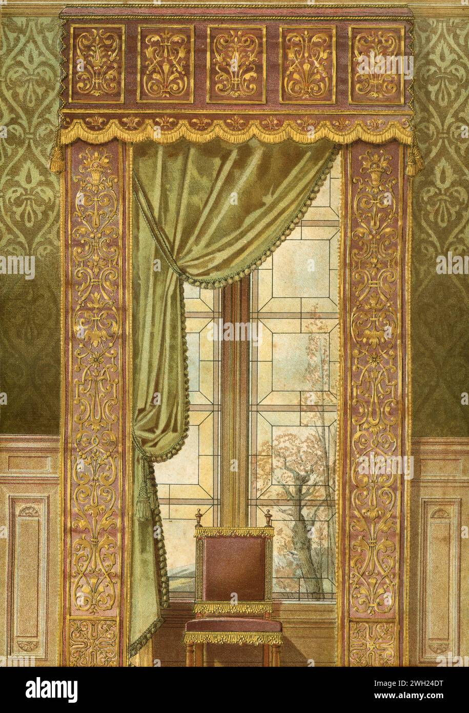Fenêtre et rideaux de style Renaissance, dessin de l'artiste britannique Philip Delamotte, Royaume-Uni des années 1850 Banque D'Images