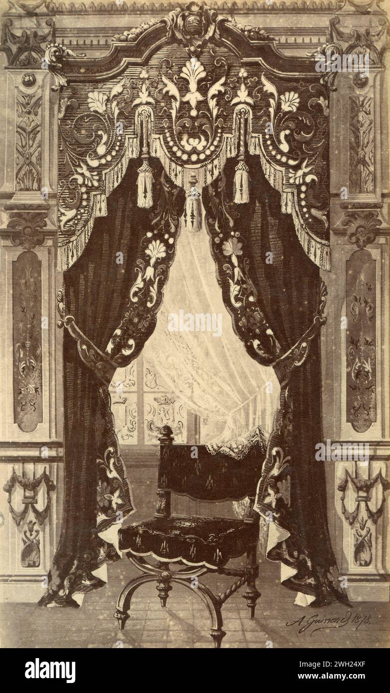 Fenêtre de style Renaissance espagnole XV siècle, dessin de l'artiste français Alfred Guinard, France 1881 Banque D'Images