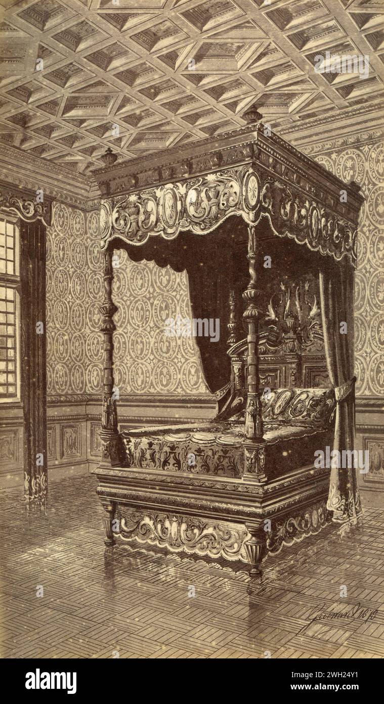 Lit à baldaquin style Renaissance XVe siècle, dessin de l'artiste français Alfred Guinard, France 1881 Banque D'Images