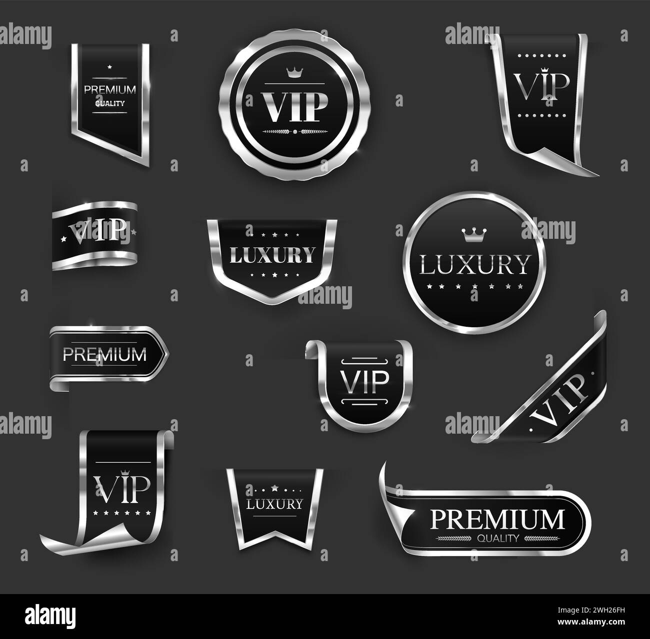Étiquettes et bannières VIP de luxe en argent, rubans ou badges et autocollants vectoriels de qualité supérieure. Étiquettes de certificat VIP et emblèmes noirs argentés exclusifs ou étiquettes de qualité premium avec couronne et étoiles Illustration de Vecteur