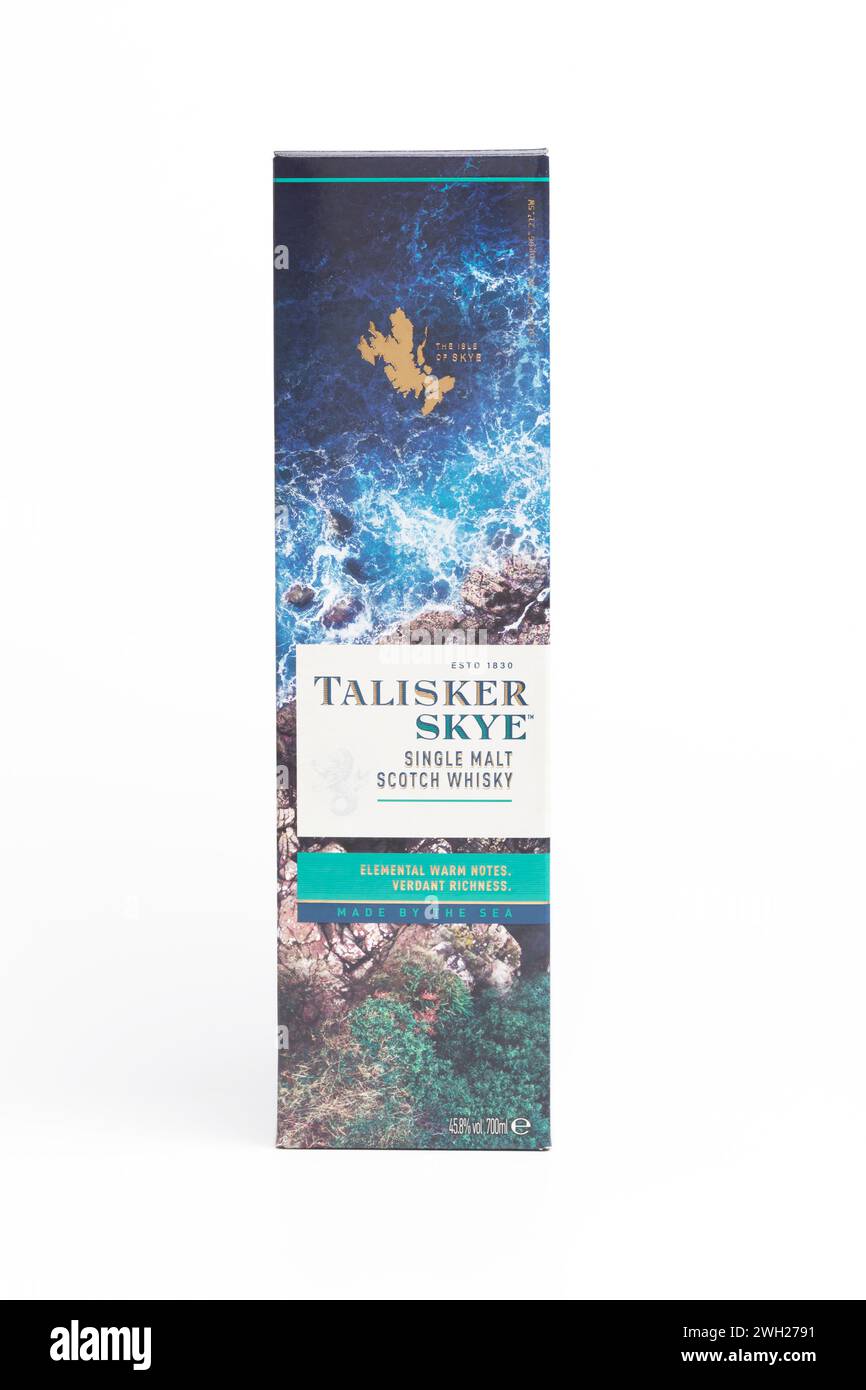 Une boîte de whisky single malt Talisker Skye Banque D'Images