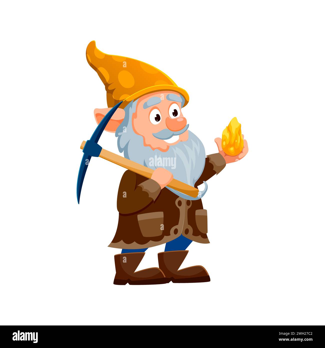 Personnage de gnome de dessin animé ou de mineur nain tenant triomphalement une pépite d'or brillante. Personnage curieux vecteur isolé avec pioche et chapeau pointu prêt à découvrir des trésors dans le monde souterrain magique Illustration de Vecteur