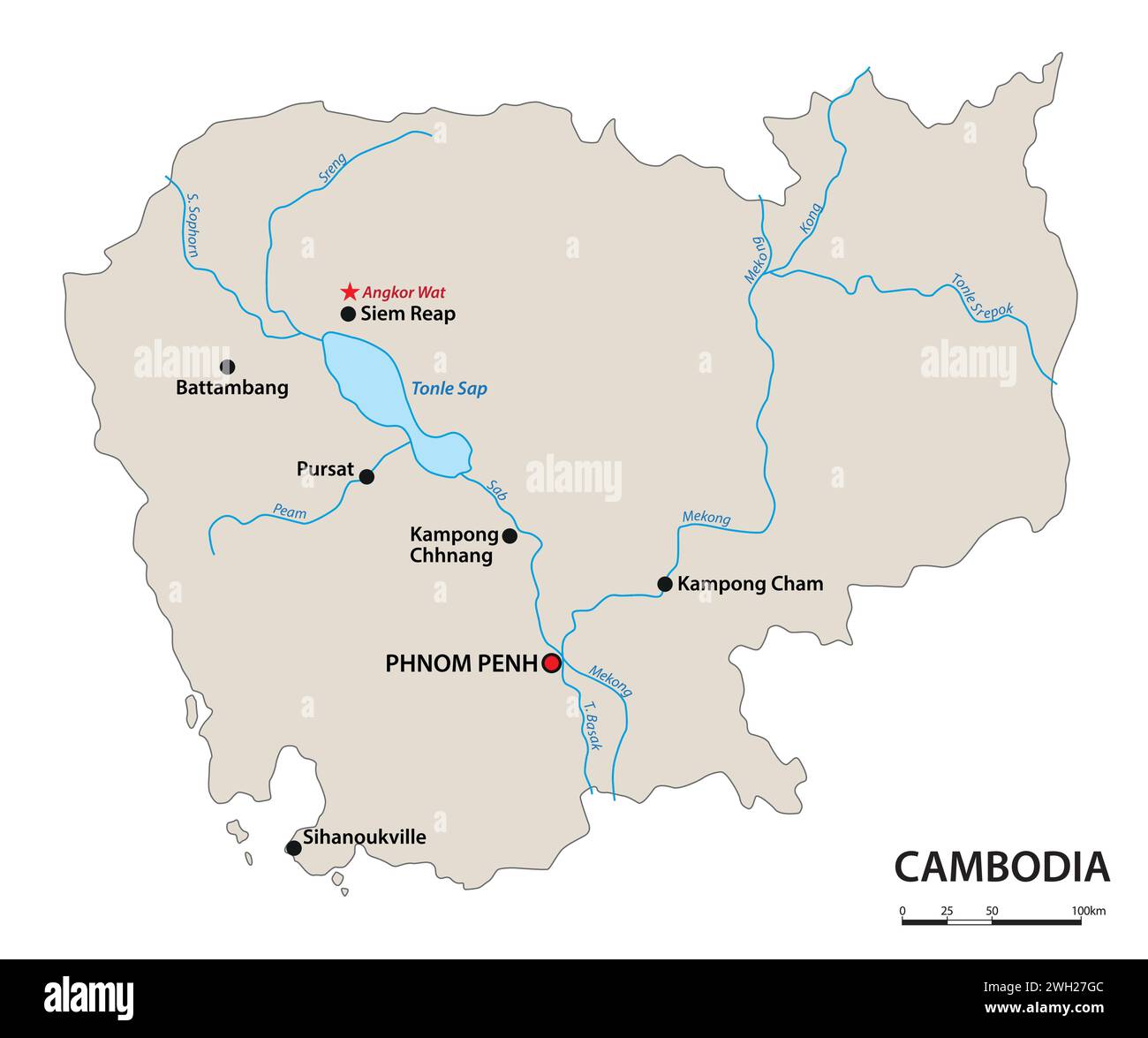 Carte d'ensemble simple du Royaume du Cambodge Illustration de Vecteur