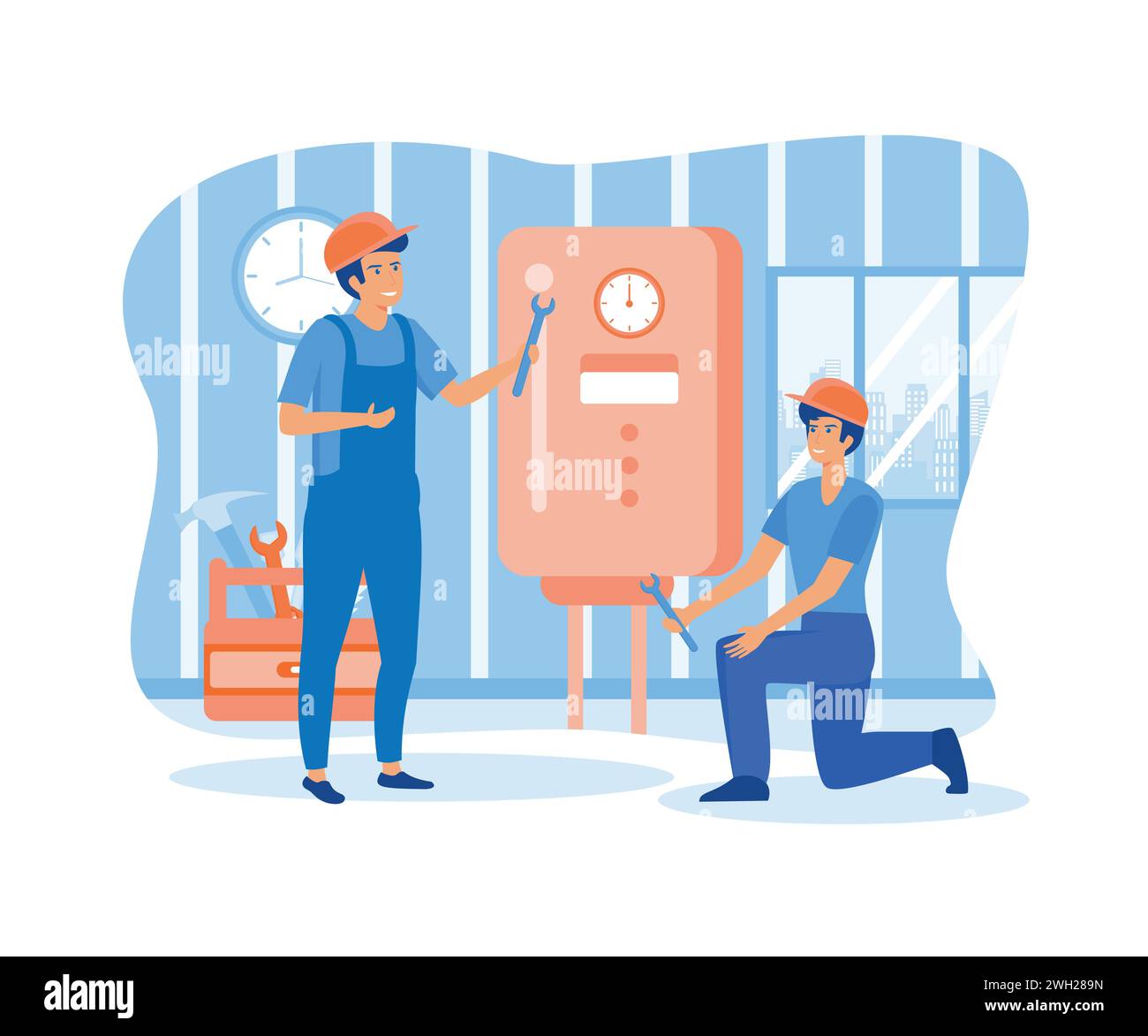 Le plombier répare le chauffe-eau cassé. Les réparateurs en uniforme installent la chaudière et l'appareil. illustration moderne vectorielle plate Illustration de Vecteur