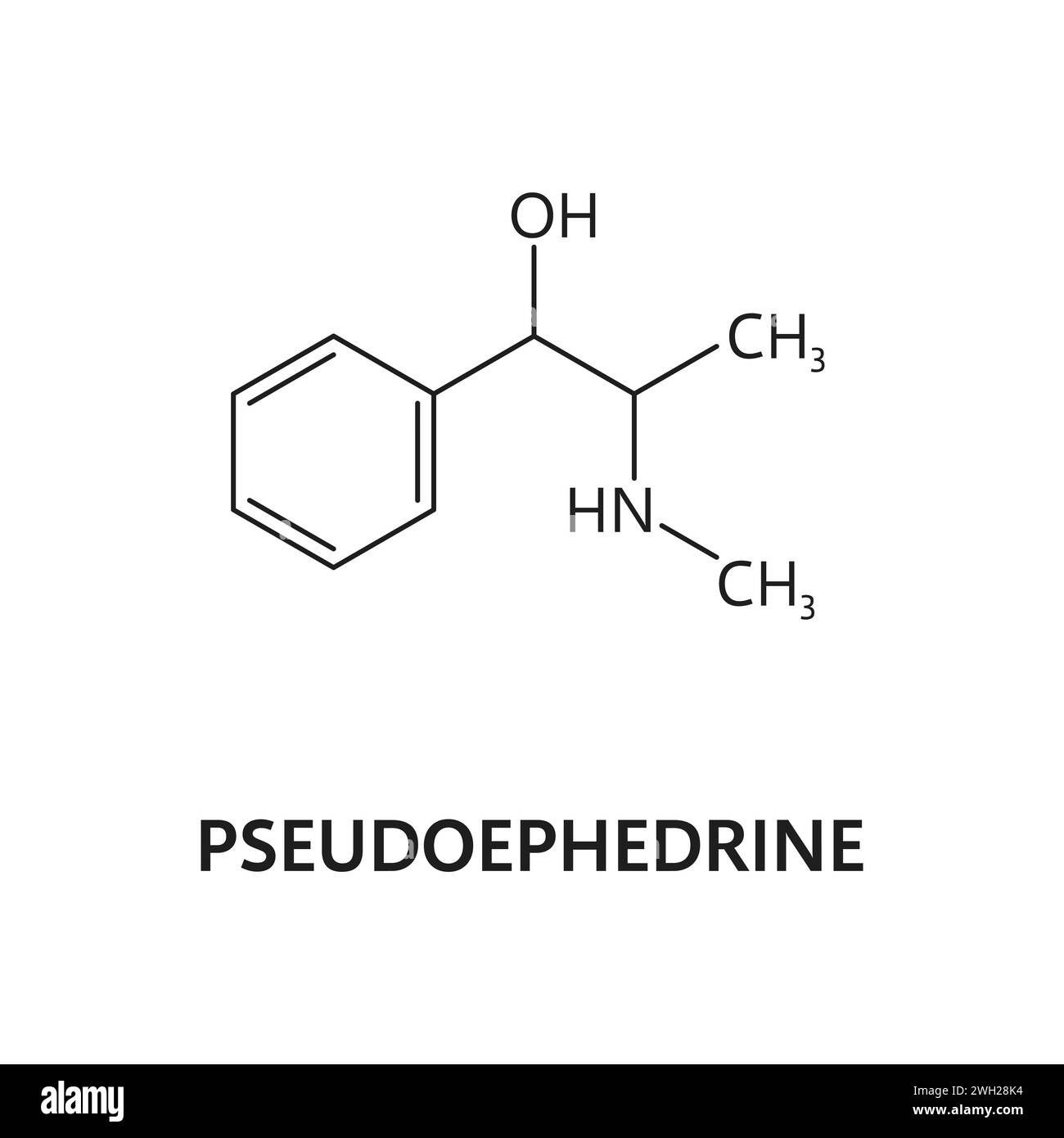 Formule et structure chimique de la molécule de pseudoéphédrine, modèle vectoriel. Drogue synthétique ou organique pseudoéphédrine ou PSE, amphétamine narcotique et formule de structure moléculaire de substance stimulante Illustration de Vecteur