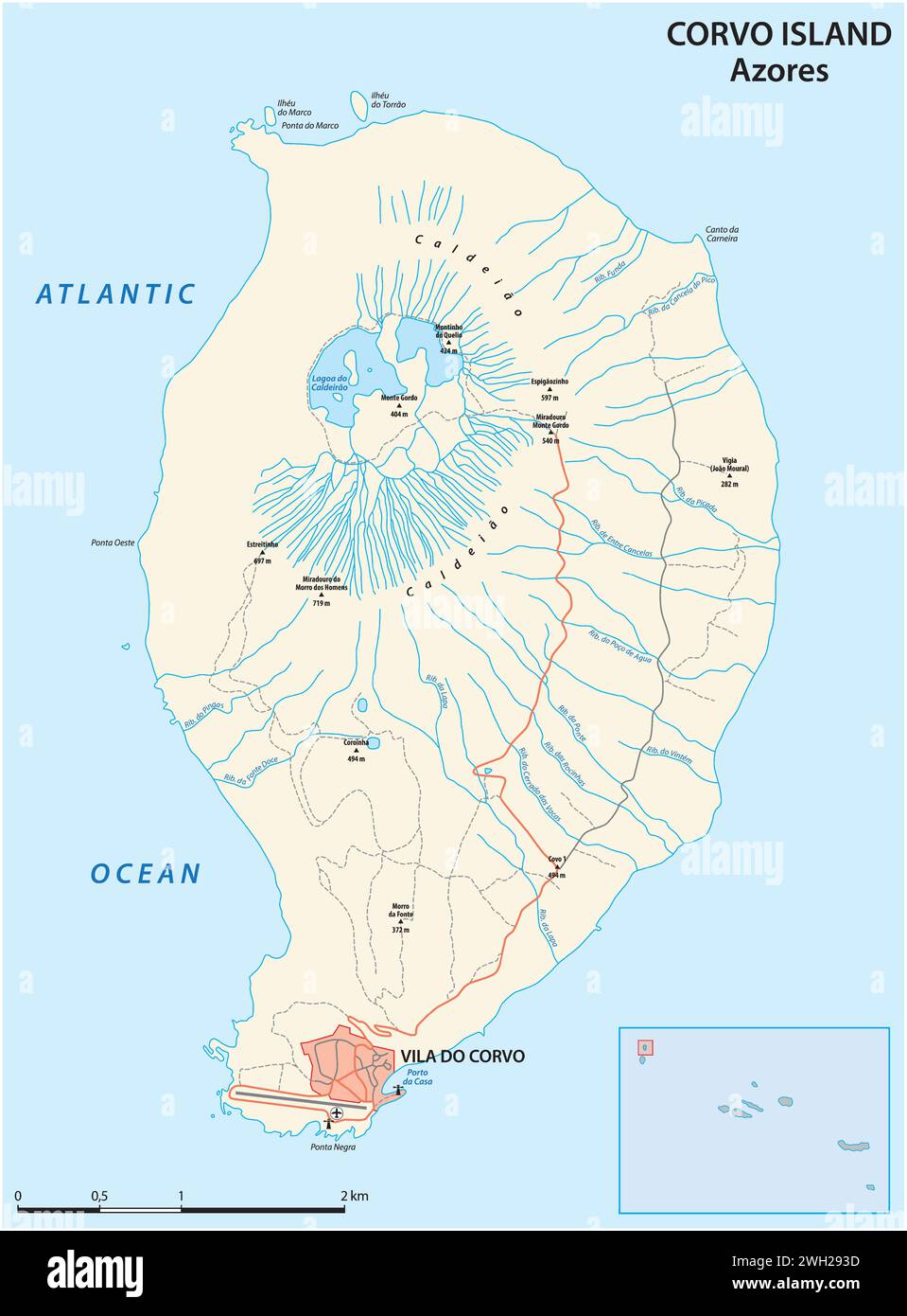 Carte routière de l'île portugaise des Açores de Corvo Illustration de Vecteur