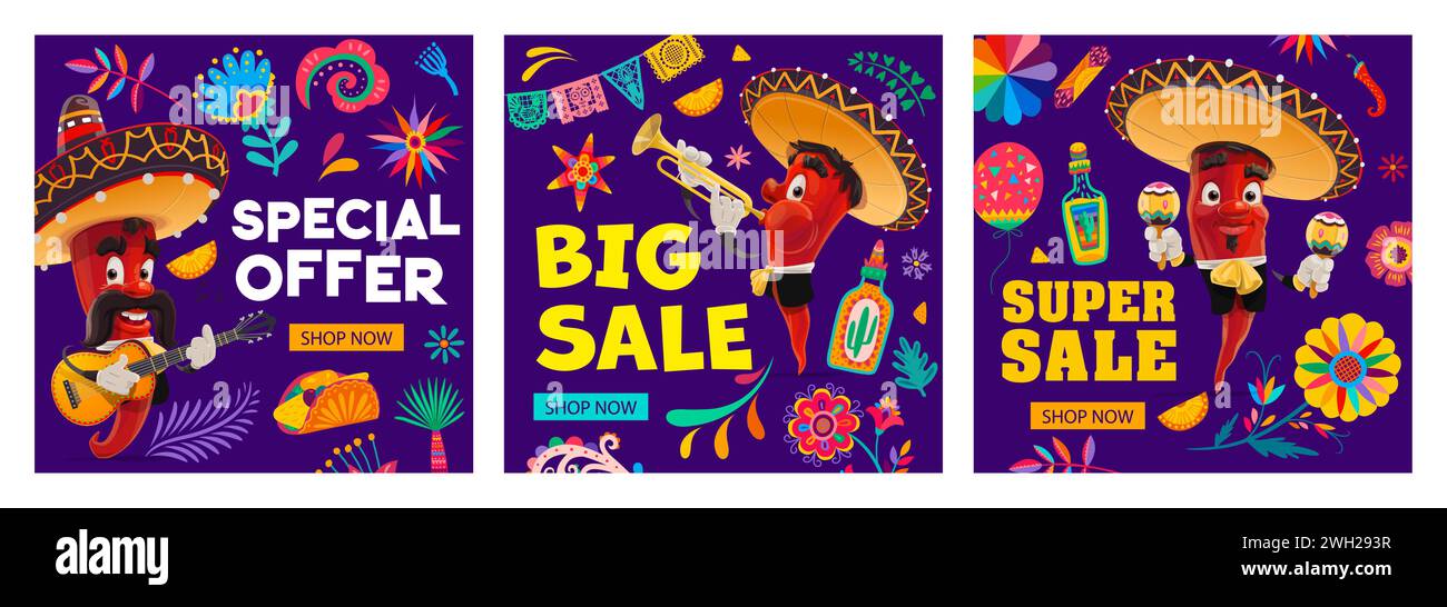 Vacances mexicaines grande vente bannières d'offre spéciale avec des personnages de musiciens mariachi au piment et des fleurs tropicales. Vector Mexico fiesta offre de rabais flyer, mariachi, sombrero, guitare et maracas Illustration de Vecteur