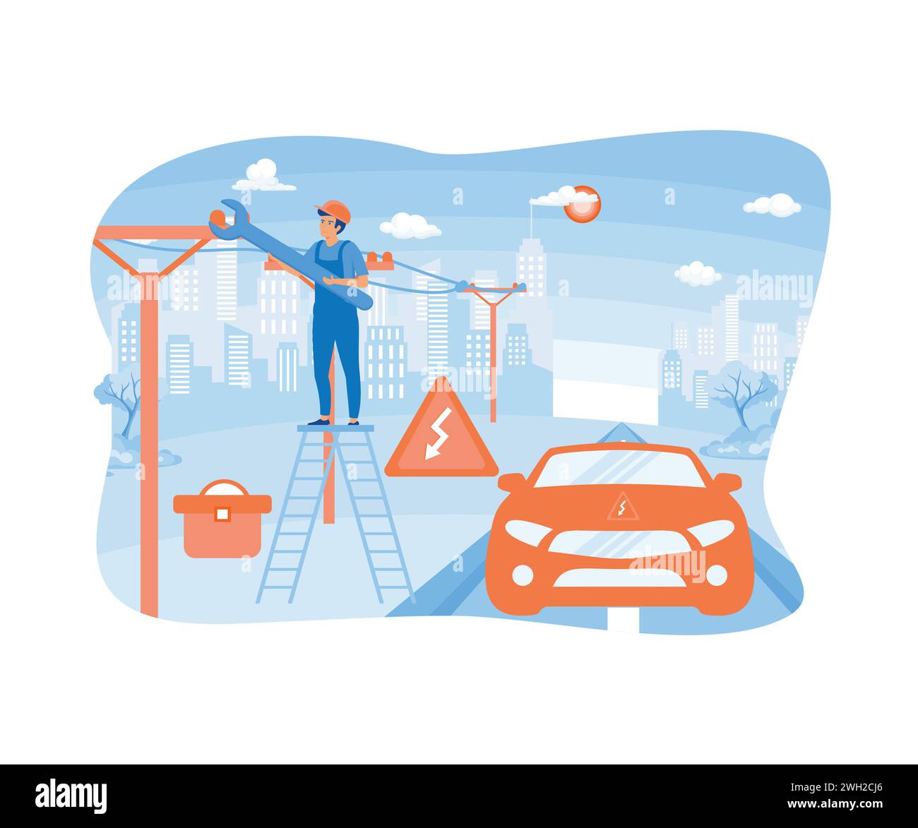 Homme debout sur les marches près de la voiture réparant l'électricité. illustration moderne vectorielle plate Illustration de Vecteur