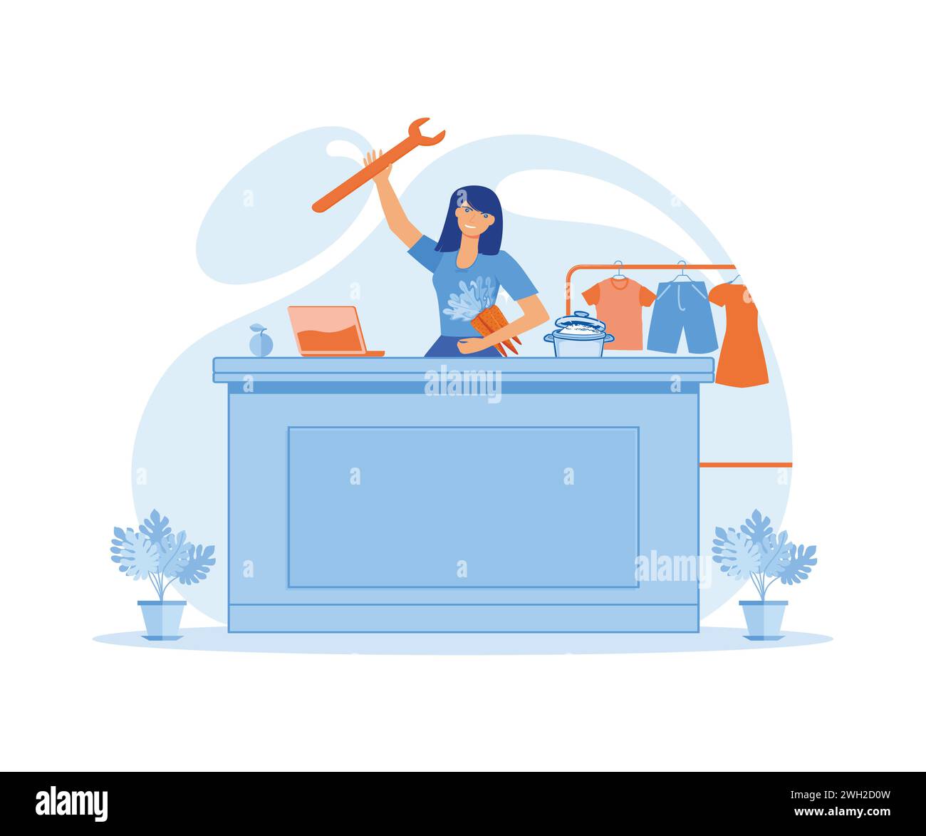 Une femme qui gère l'équilibre entre la vie familiale, les tâches ménagères et la carrière professionnelle. illustration moderne vectorielle plate Illustration de Vecteur