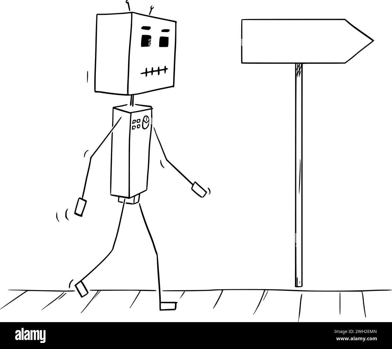Robot marchant et flèche vide , illustration de la figure de bâton de dessin animé vectoriel Illustration de Vecteur