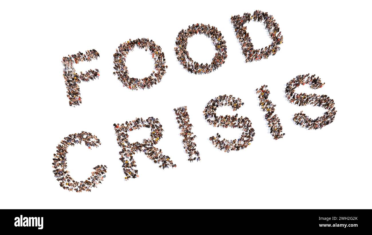 Concept ou concept vaste communauté de personnes formant le message DE CRISE ALIMENTAIRE. 3d métaphore de l'illustration pour les pénuries alimentaires dues à la récession, la guerre, h Banque D'Images