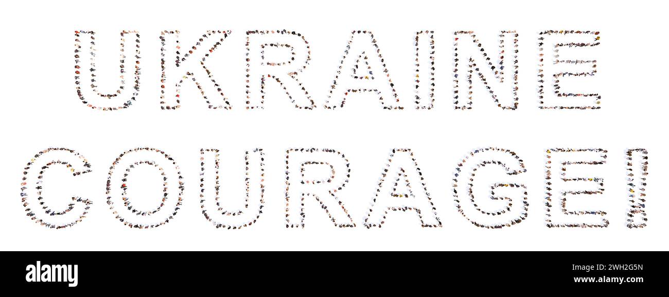 Communauté conceptuelle de personnes formant le message UKRAINE COURAGE. 3d métaphore de l'illustration pour le combat, l'esprit, la détermination, la motivation Banque D'Images