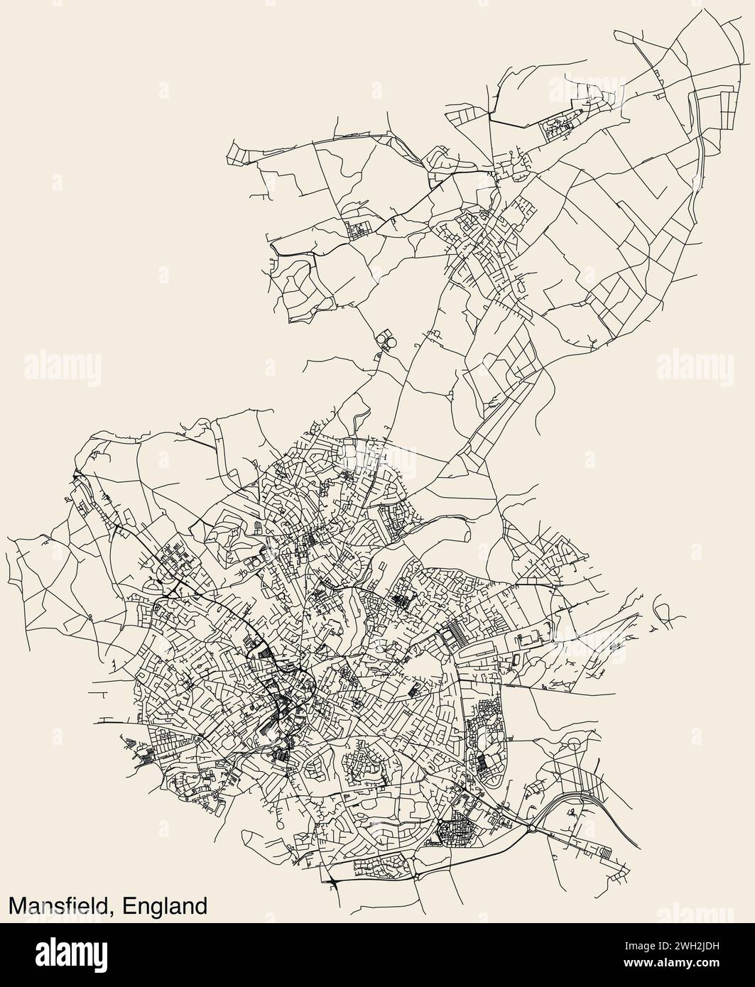 Carte routière de la ville britannique de MANSFIELD, ANGLETERRE Illustration de Vecteur