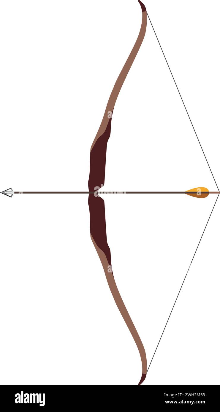 Arc en bois de chasse traditionnel avec icône isolée de flèche dans le style plat. Illustration de Vecteur