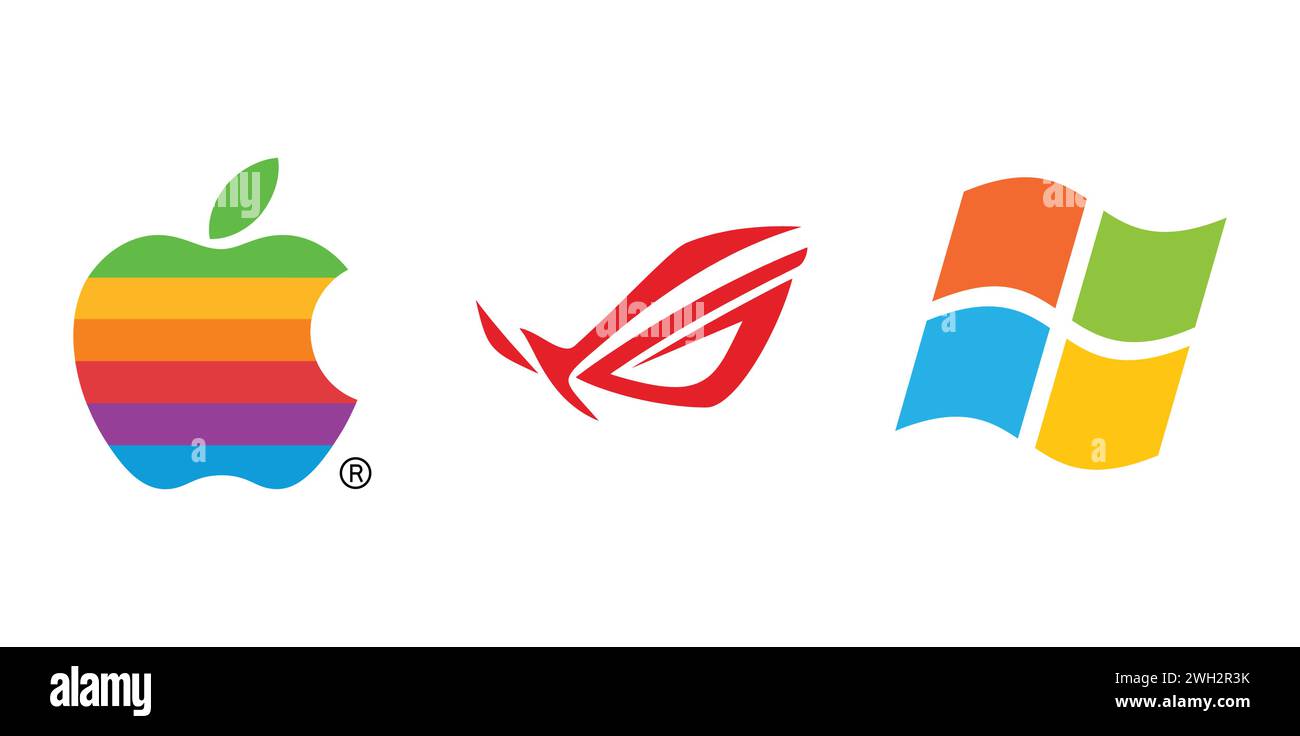 Asus rog, Windows 2002-2012, Apple Computer Rainbow. Emblème de marque éditoriale. Illustration de Vecteur