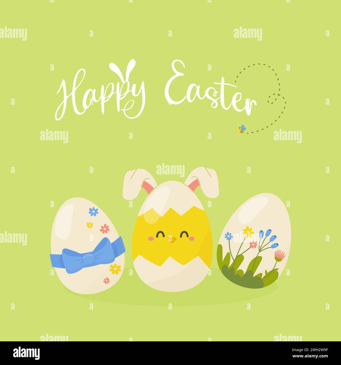 Joyeuses Pâques, carte postale, bannière pour les réseaux sociaux avec des œufs de Pâques sur vecteur de fond vert clair Illustration de Vecteur