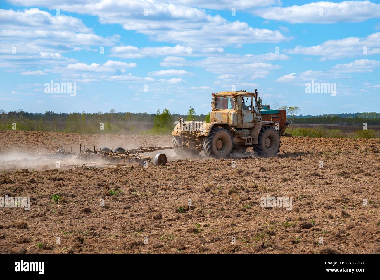 RÉGION DE PSKOV, RUSSIE - 07 MAI 2023 : un vieux tracteur soviétique enterre un champ Banque D'Images