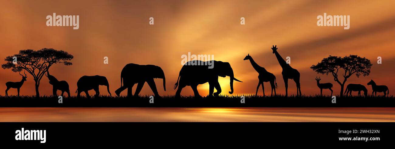 Silhouettes d'animaux sauvages de la savane africaine sur le bord d'un lac, sur fond d'arbres et de soleil. Illustration de Vecteur