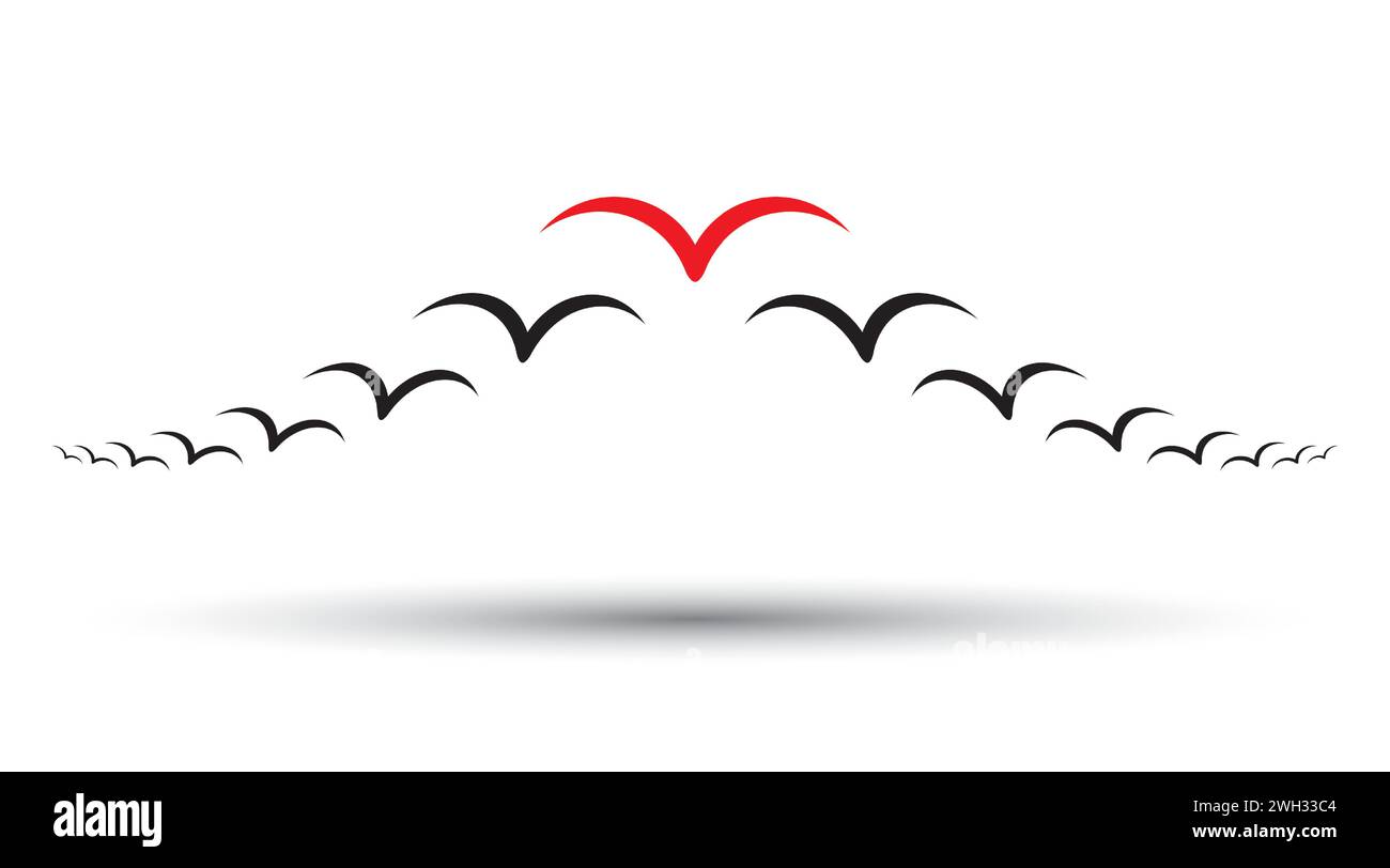 Illustration vectorielle de troupeau d'oiseaux : leader rouge se distingue du noir, symbolisant le leadership dans le travail d'équipe Illustration de Vecteur