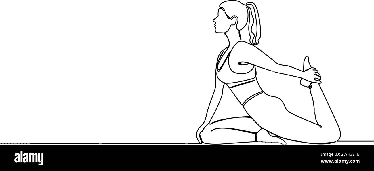 dessin continu d'une seule ligne de femme en forme s'étirant sur le sol, illustration vectorielle d'art au trait Illustration de Vecteur