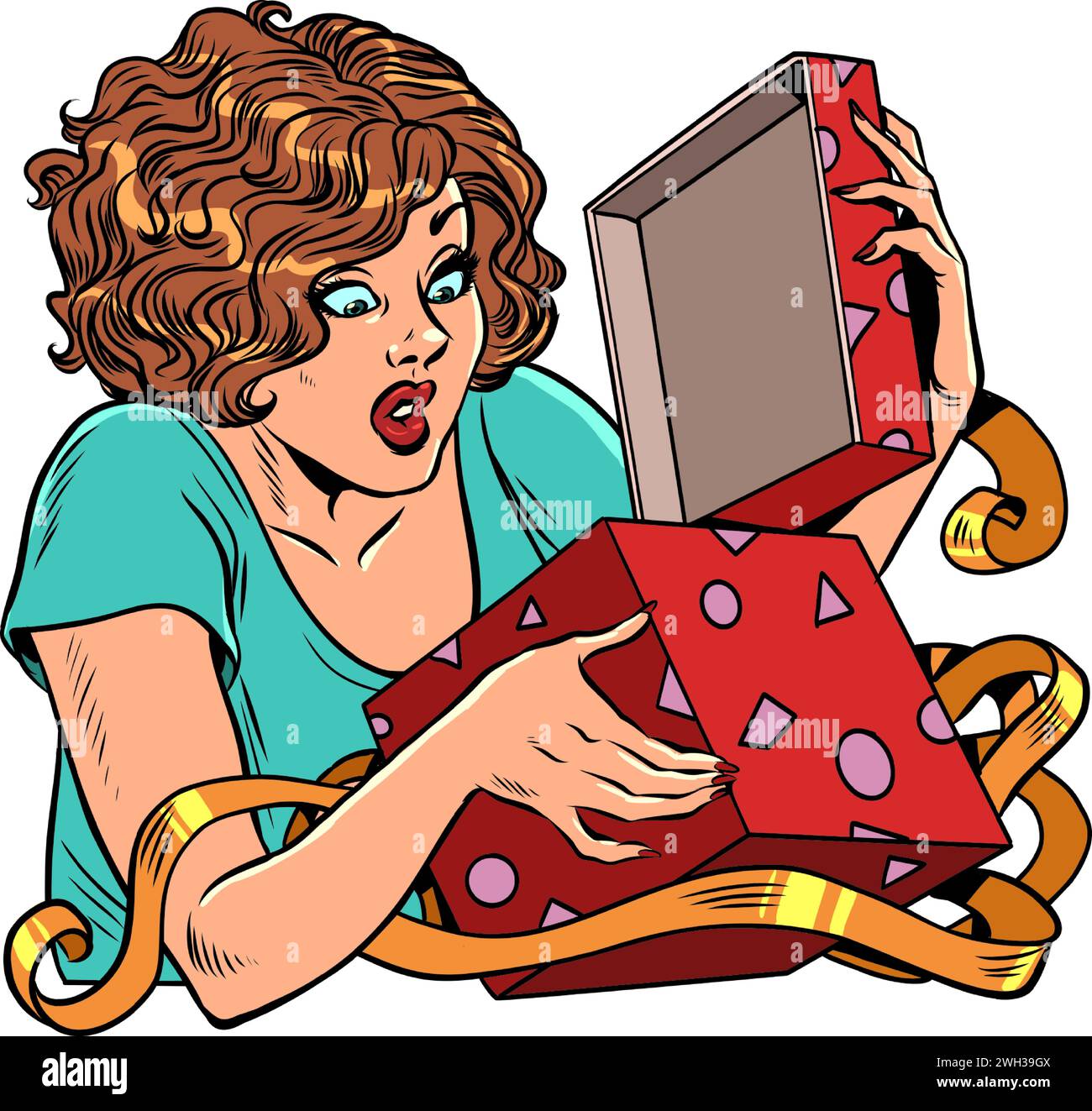 Célébrer des jours et des événements importants. Une femme ouvre une boîte cadeau. Un cadeau de Noël peut aussi être pour un anniversaire. Pop Art rétro Illustration vectorielle kitsch Illustration de Vecteur