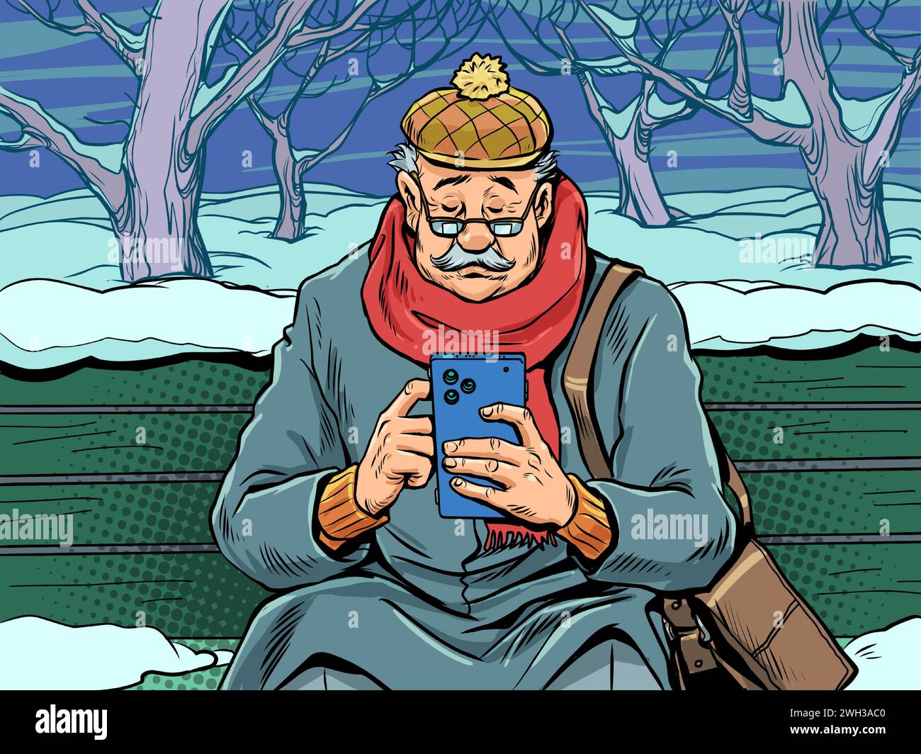 Un homme âgé avec des lunettes regarde son téléphone sur un banc en hiver. Offres spéciales du nouvel an pour les personnes âgées. Flux d'actualités pour tout le monde à tout moment Illustration de Vecteur