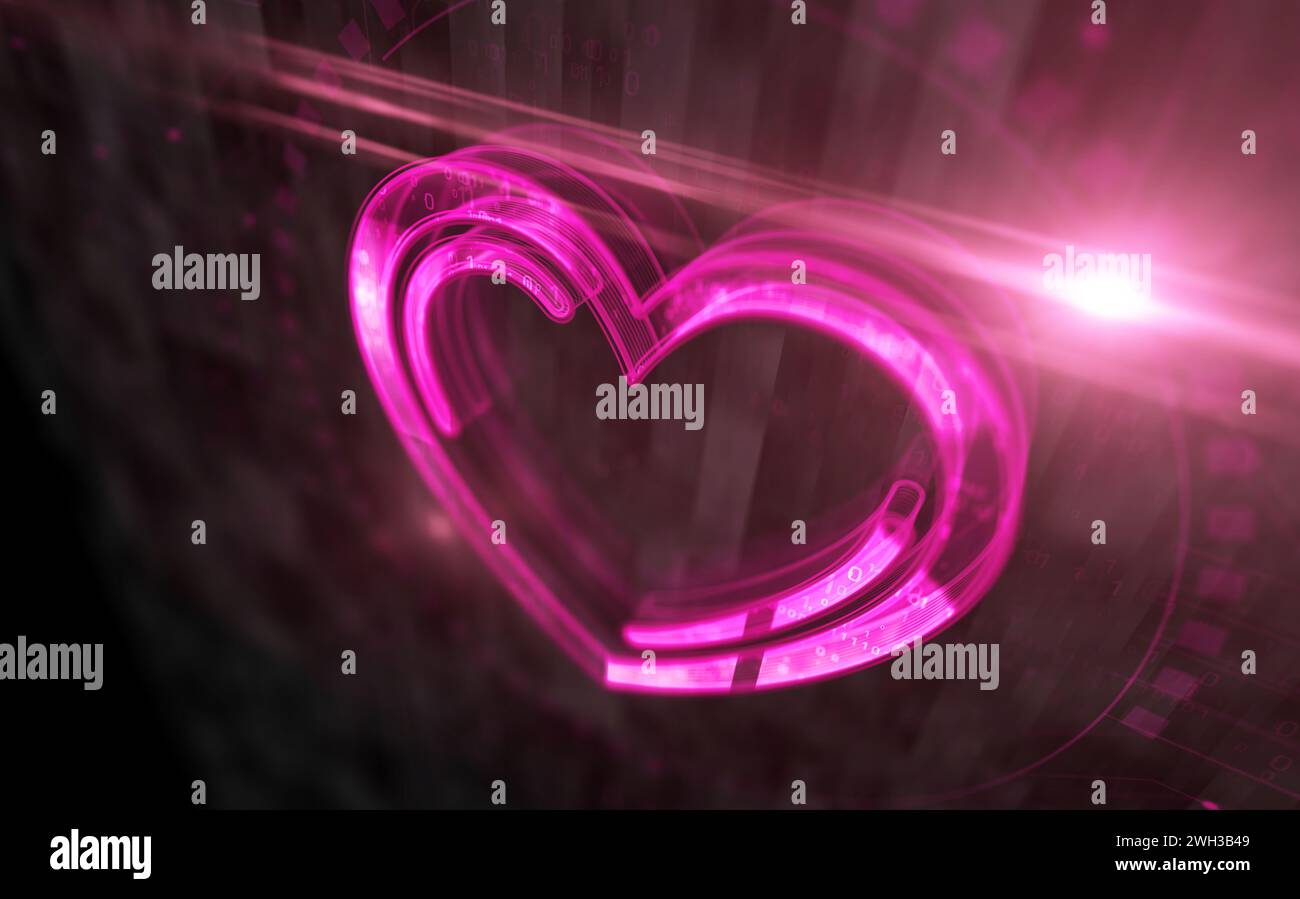 Cœur amour et concept numérique de symbole romantique. Réseau, signe de cybertechnologie et icône abstraite de fond d'ordinateur illustration 3D. Banque D'Images